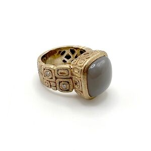 RL Brushed Gold-tone, Mayan inspired Ring with Grey Moon Stone